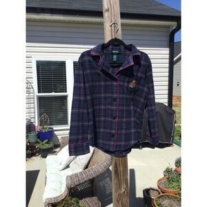 Ralph Lauren women pajama top M medium pj purple green plaid flannel sleep crest